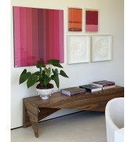 Quadro acrílico gravura laranja, pink e mostarda 